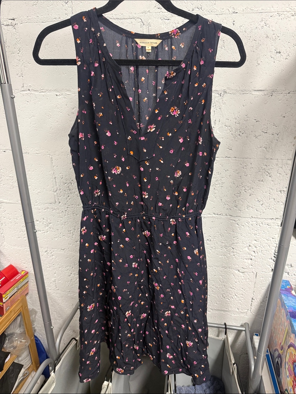 Rebecca Taylor Navy Floral Midi Dress with Pink & Orange Blossoms Size 8